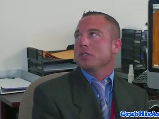 Office stud in shirt and tie gets spitroasted